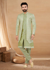Exclusive Contrasting light green Thread and Detailed Embroidery Work Indo Western, Sherwani | Indian Traditional Mens Wear